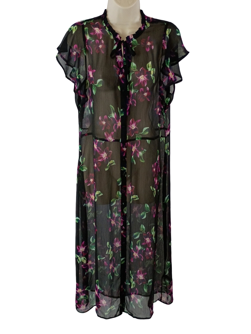 Express Black Sheer Floral Button Down Midi Dress with Pink and Green Print - Picture 2 of 7